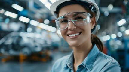 Young Smiling Female Engineer in White Hard Hat and Glasses at Car Assembly Plant in Modern Facility. Industrial Specialist Working on Vehicle Design.