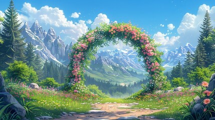 Summer Time, Spring Flower Arch at Camp Entrance: An illustration of a camp entrance decorated with a pastel-colored flower arch, welcoming campers to the spring landscape. Illustration image,