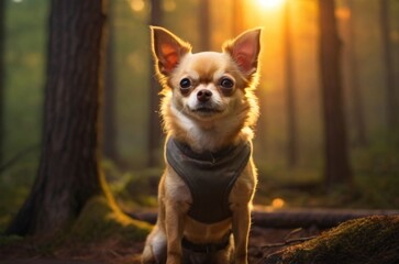 Chihuahua dog, Professional wild life photography, in forest, sunset bokeh blur background, animals & birds, cinematic, wallpaper