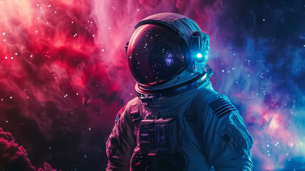 Attractive astronaut on a mission, with a glowing purple space background