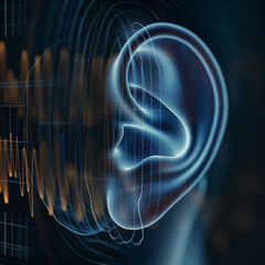 Ohr in grafischer bunter leuchtender Zeichnung für Gehörlose und Musiksoundsysteme