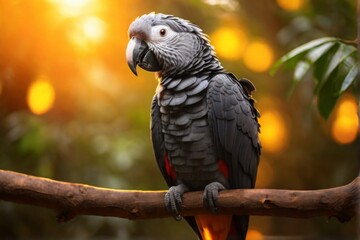Fototapeta premium African Grey Parrot, Professional wild life photography, in forest, sunset bokeh blur background, animals & birds, cinematic, wallpaper