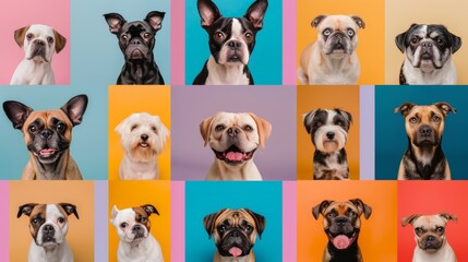 Various dog breeds collaged against multicolored background. Marketing for pet food brands, showing variety for every breed. Animal theme, care, veterinary medical concept.