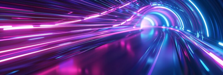 An abstract neon light tunnel is formed by streaks of blue, purple, and turquoise colors. 3D rendering.