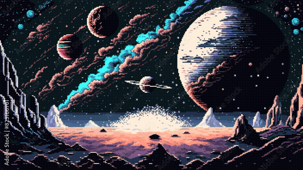 Wall mural generative ai solar system, milky way galaxy stars and planets landscape. 8bit pixel art game scene.