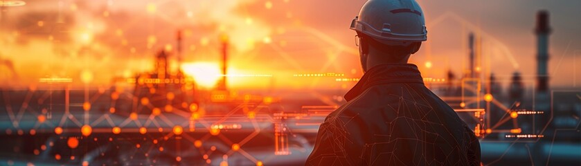 Engineer observing industrial plant at sunset with futuristic digital overlay, symbolizing technology and innovation in manufacturing.