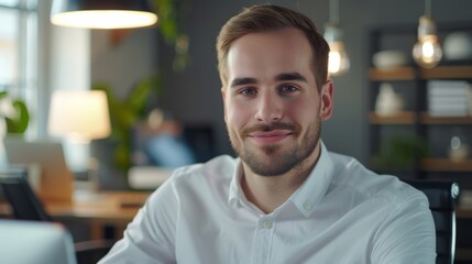 Fototapeta premium An attractive businessman sits at his desk working on a computer. Illustration of a digital entrepreneur smiling with a blurred motion background.