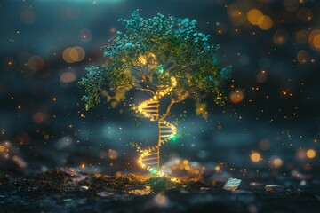 A magical tree with glowing DNA spiral lights in a dark, mystical forest, symbolizing the connection between nature and science.