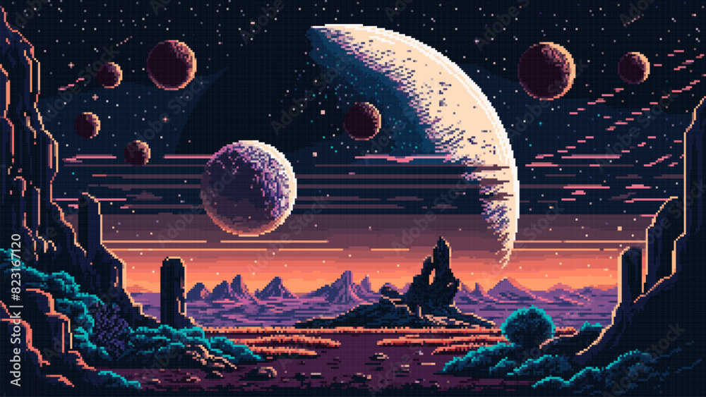 Wall mural generative ai. alien space planet surface landscape. 8 bit pixel art game scene, retro console level
