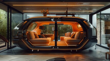Fototapeta premium A futuristic space shuttle with a large screen and a view of the ocean