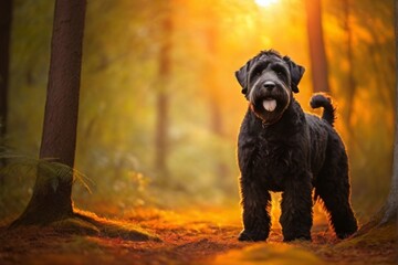 Black Russia terrier dog, Professional wild life photography, in forest, sunset bokeh blur background, animals & birds, cinematic, wallpaper - Powered by Adobe