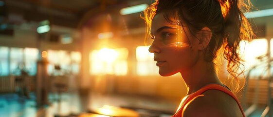 Young woman in gym with sunlight shining through the windows, creating a warm, motivational atmosphere during her workout session.