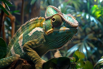Close-up of a colorful chameleon resting on a branch in its natural habitat with lush greenery all around.
