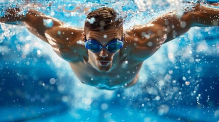 This dynamic image features a young man swimming freestyle stroke in the pool, training. The image portrays the concept of professional sport, health, endurance, strength, and active lifestyle.