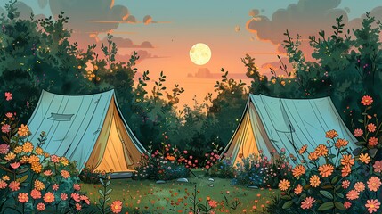 Summer Time, Spring Tent Setup with Flower Beds: A serene drawing of tents set up next to flower beds, with pastel colors adding a soft spring touch to the campsite. Illustration image,