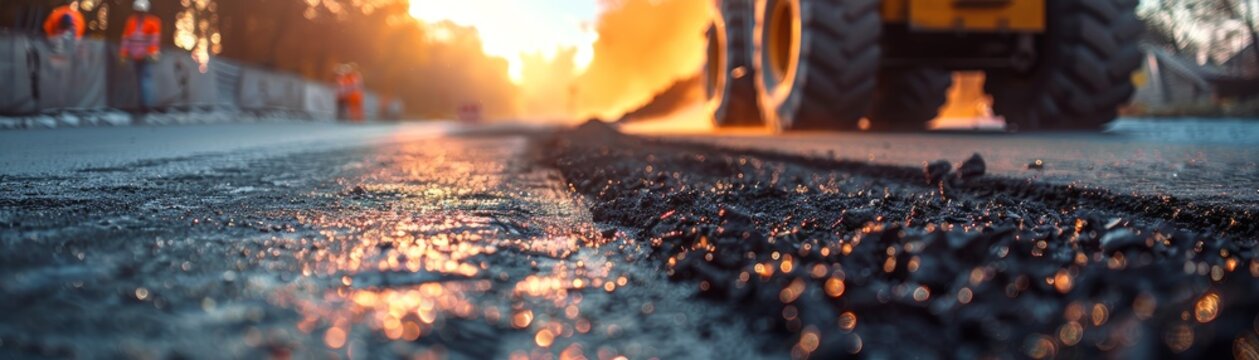 Close-up view of a road construction site with a heavy machine paving asphalt at sunset, creating a detailed texture and dynamic composition.