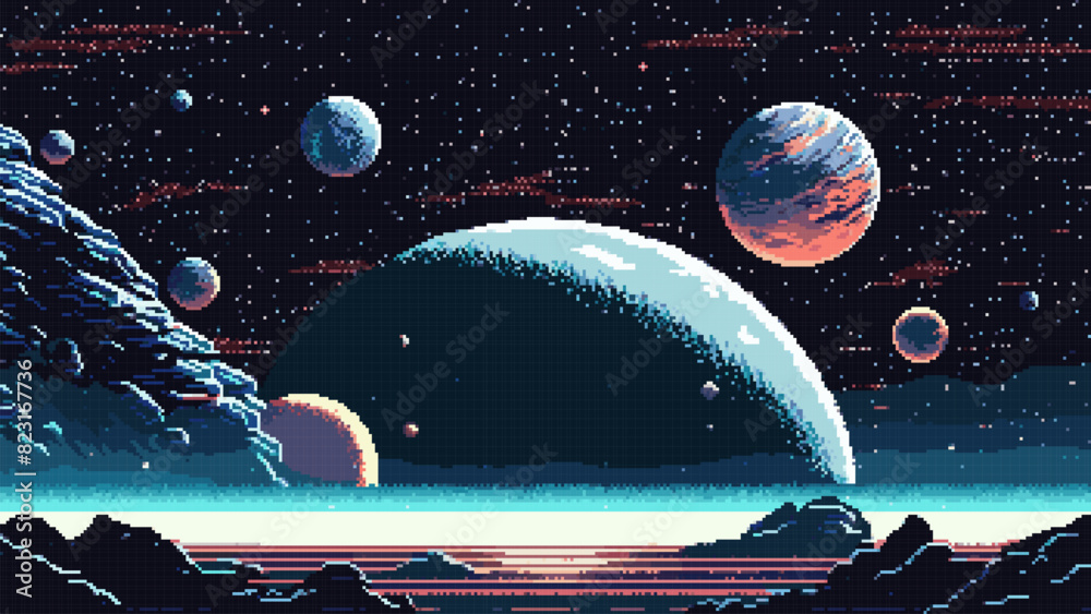 Wall mural generative ai. alien galaxy stars and space planet surface landscape. ai generated 8 bit pixel art g
