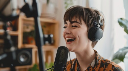 The excited young woman talks into the microphone while recording a podcast from her loft apartment. She is tapping into social media and recording her radio show live.