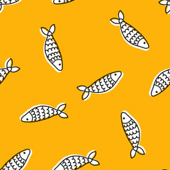 Yellow seamless pattern with white fish