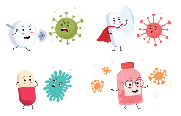 Medical pill characters in cartoon style with faces. Children illustrations of curing diseases. Cute happy pill characters fight bacteria and viruses. Vector illustration