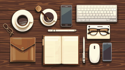 Morning Business Elements on Wooden Table - Newspaper, Coffee Cup, Mobile Phone with Messenger App