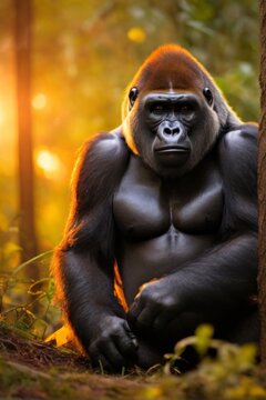 Gorill, Professional wild life photography, in forest, sunset bokeh blur background, animals & birds, cinematic, wallpaper