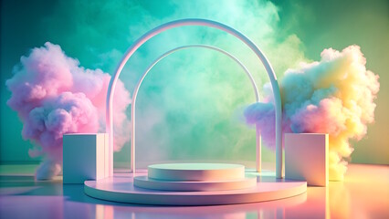  Rainbow Smoke Podium , 3D background, magical pedestal presentation, colorful clouds and smoke in the background, mockup