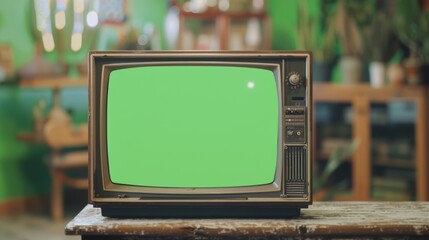 Nostalgic Retro Nineties Technology Concept. Nostalgic Retro Nineties Television Display. Green Screen Mock Up Chroma Key Template Presentation. Vintage Television Display in Neon Lit Living Room.