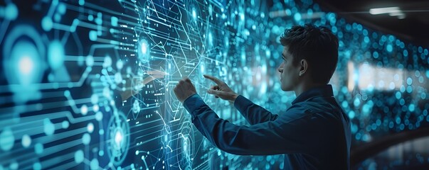Futuristic Digital Transformation Workshop with Collaborative Team Interaction on Innovative Business Strategy Interface