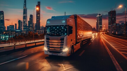 Fototapeta premium A truck is driving down a highway with a lot of traffic