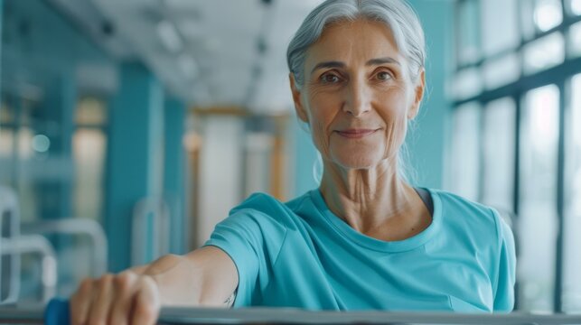 An injured middle-aged woman successfully walks while holding parallel bars at a physical therapy sports center. This patient is a physiotherapist, rehabilitation hospital doctor, and has been helped