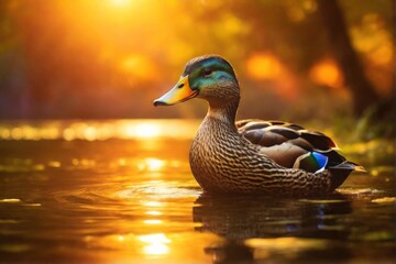 Mallard Duck, Professional wild life photography, in forest, sunset bokeh blur background, animals & birds, cinematic, wallpaper