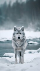 Fototapeta premium Lone Wolf Roaming Snowy Wilderness Stark Contrast of White and Gray Tones in Nature Photography