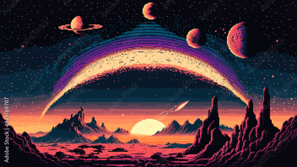 Wall mural generative ai galaxy space landscape with stars, planets and asteroids. 8bit pixel art game scene. o