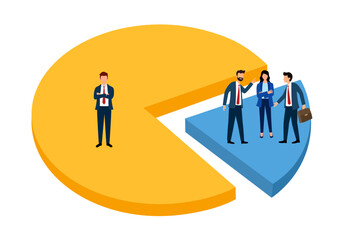 Success businessman standing on pie chart win over competitors. Business winning market share, earn high percentage of product sale vector illustration.