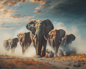 Majestic Herd of Elephants Trekking Across the Awe Inspiring African Savanna Dust Swirling in the...