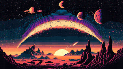 Generative AI galaxy space landscape with stars, planets and asteroids. 8bit pixel art game scene. Old gaming console space backdrop, wallpaper with mountain range on mars or alien planet