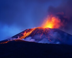 Dramatic Volcanic Eruption Lighting Up the Night Sky with Fiery Lava Glow