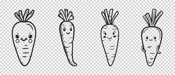Line Art Carrot Icon Set - Vector Illustrations Isolated On Transparent Background