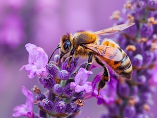 Honeybee Pollinating Lavender Flower in Lush Garden