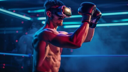 VFX Animation 3D Virtual Reality Shadow Boxing Game. Fit Caucasian Man Fights Against Artificial Intelligence, Scoring Points, Virtual Training. - Powered by Adobe