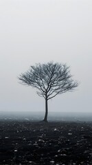 Solitary Tree Silhouette in Barren Misty Landscape Minimalist Nature Photography Concept with Copyspace