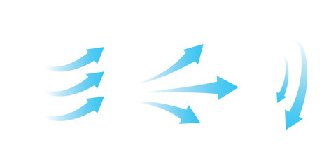Set of blue arrow showing air or wind flow. Air conditioner direction with white background.