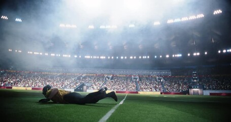 Two Diverse American Football Teams Play a Dynamic Match in Front of a Stadium Filled with Spectators. Players Pass, Jump, Run, Attack to Score Touchdown Points for the Championship