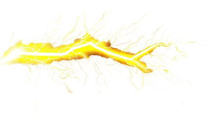 Obraz premium Bright digital art of electrical lightning bolt with dynamic energy sparks on a white background, depicting a powerful surge or discharge of electricity.