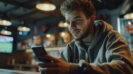 Getting Very Emotional After Winning a Sports Bet with a Smartphone. Shot of a young man sitting behind a counter, looking at the screen in excitement while watching an upcoming soccer match.