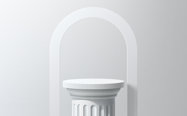 Column podium with white arch. Realistic 3d vector sleek Roman or Greek round pillar pedestal adorned with graceful arc, exuding elegance and sophistication. Minimalist design for product presentation