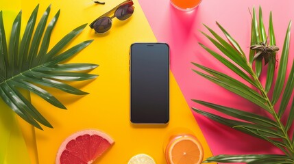 Bright Summer Mockup with Smartphone on Tropical Background - Perfect for Technology and Vacation Themes on Stock Photo Platforms