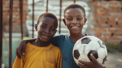 A powerful portrait of two talented young African boys posing together and smiling at a camera. One brother is holding a soccer ball, and the other is holding a football gate.