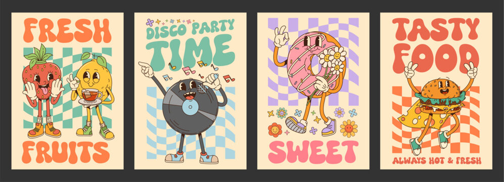 Groovy posters with retro cartoon characters of cute fruits, burger, donut and vintage vinyl record. Strawberry, lemon, cheeseburger, music record and donut vector personages on psychedelic background